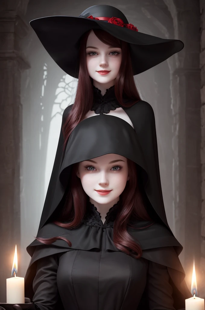 ((best quality)), ((masterpiece)), (detailed), gloomy young woman with pale white skin, hiding her face with a black hat, smiling mischievously, with a blooming red glow coming out of her eyes. with a black dress with a long black skirt, holding this same skirt by the ends, wearing a transparent black long cape. candlelit dungeon backdrop.