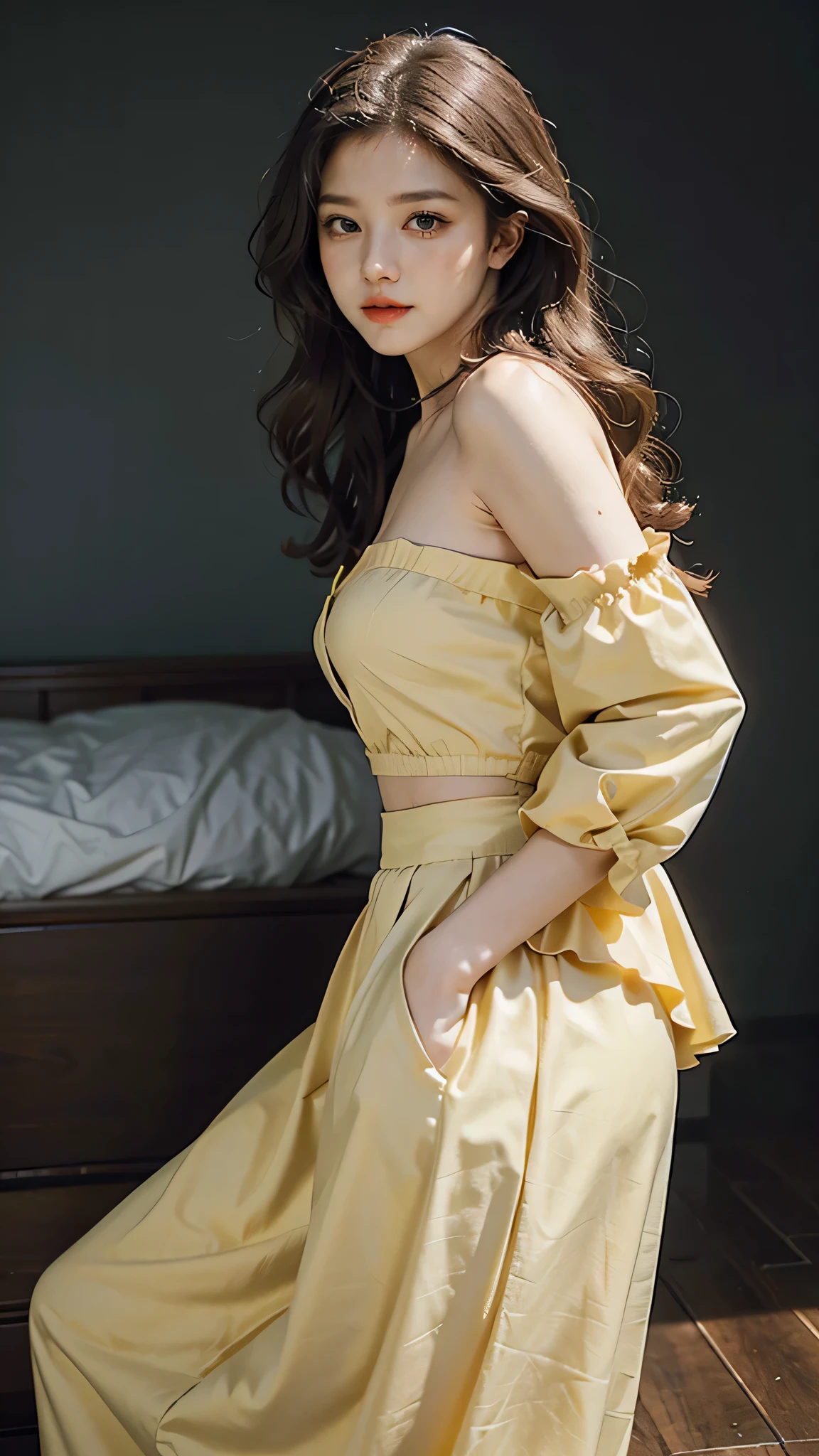 detailed background, masterpiece, best quality, 1 person , curly hair, long hair, purple eyes, star in eye , yellow Strapless blouse, long skirt
