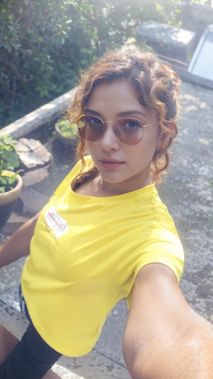 a beautiful young woman wearing a red t-shirt,1girl,detailed face and eyes,long wavy hair,sitting outdoors in a lush green garden,erfly flying near her,sunlight filtering through the trees,vibrant colors,very intricate details,photorealistic,masterpiece,octane render