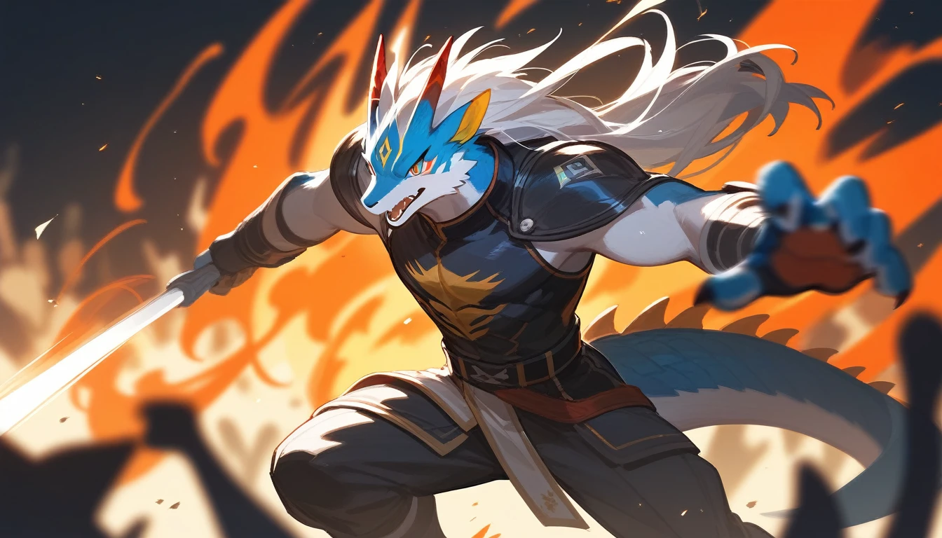top quality, high-quality illustrations((masterpiece))depth of field, motion blur, absurdres, Perfect Anatomy, magnificent picture of kemono fighting fierce battles, kemono, 1boy, solo focus, Anthro((dramatic))epic, weapon, dynamic pose, One scene of movie,FURRY,dragon