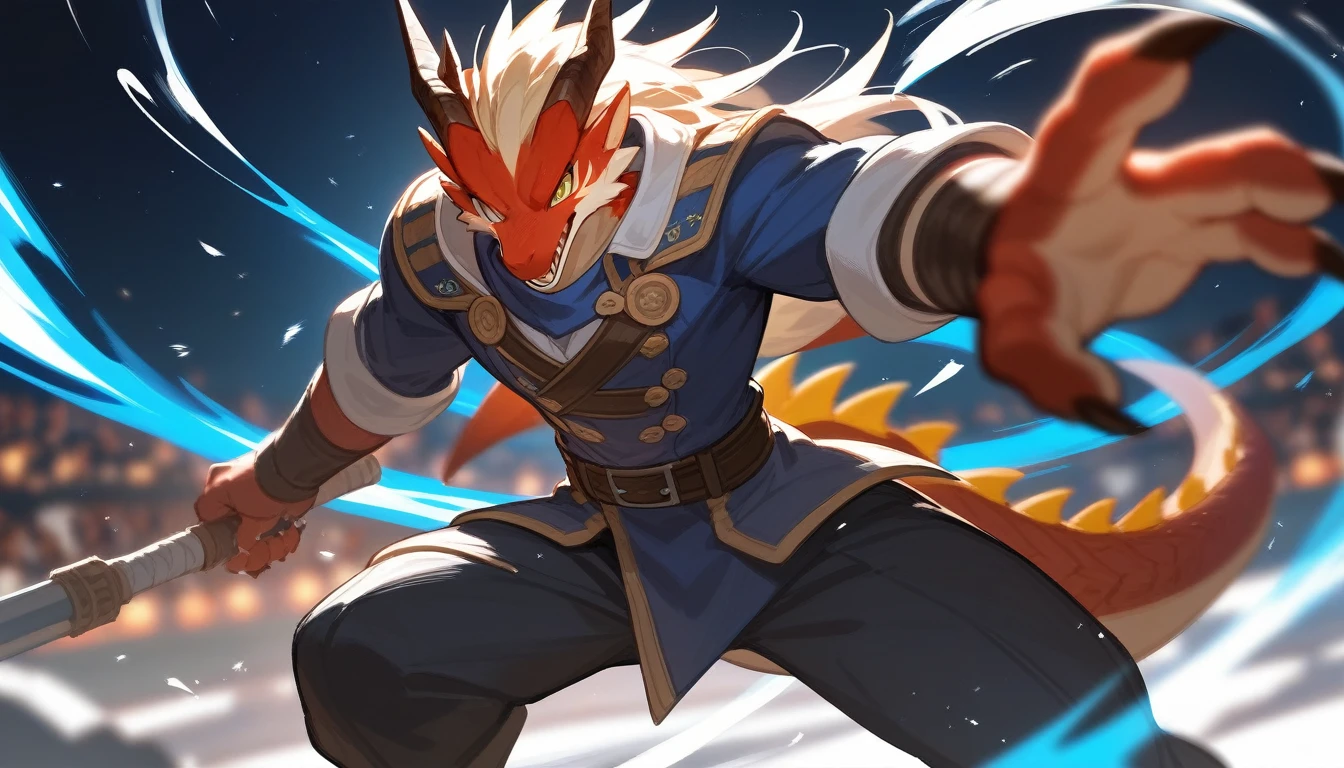 top quality, high-quality illustrations((masterpiece))depth of field, motion blur, absurdres, Perfect Anatomy, magnificent picture of kemono fighting fierce battles, kemono, 1boy, solo focus, Anthro((dramatic))epic, weapon, dynamic pose, One scene of movie,FURRY,dragon