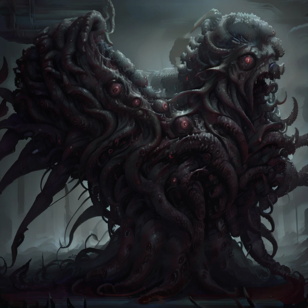 a slime humanoid, full length, red eyes all over the body, long tentacles, sharp teeth, Lovecraft aesthetics