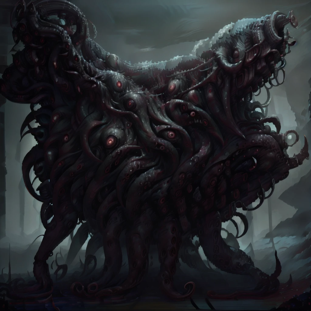 a slime humanoid, full length, red eyes all over the body, long tentacles, sharp teeth, Lovecraft aesthetics