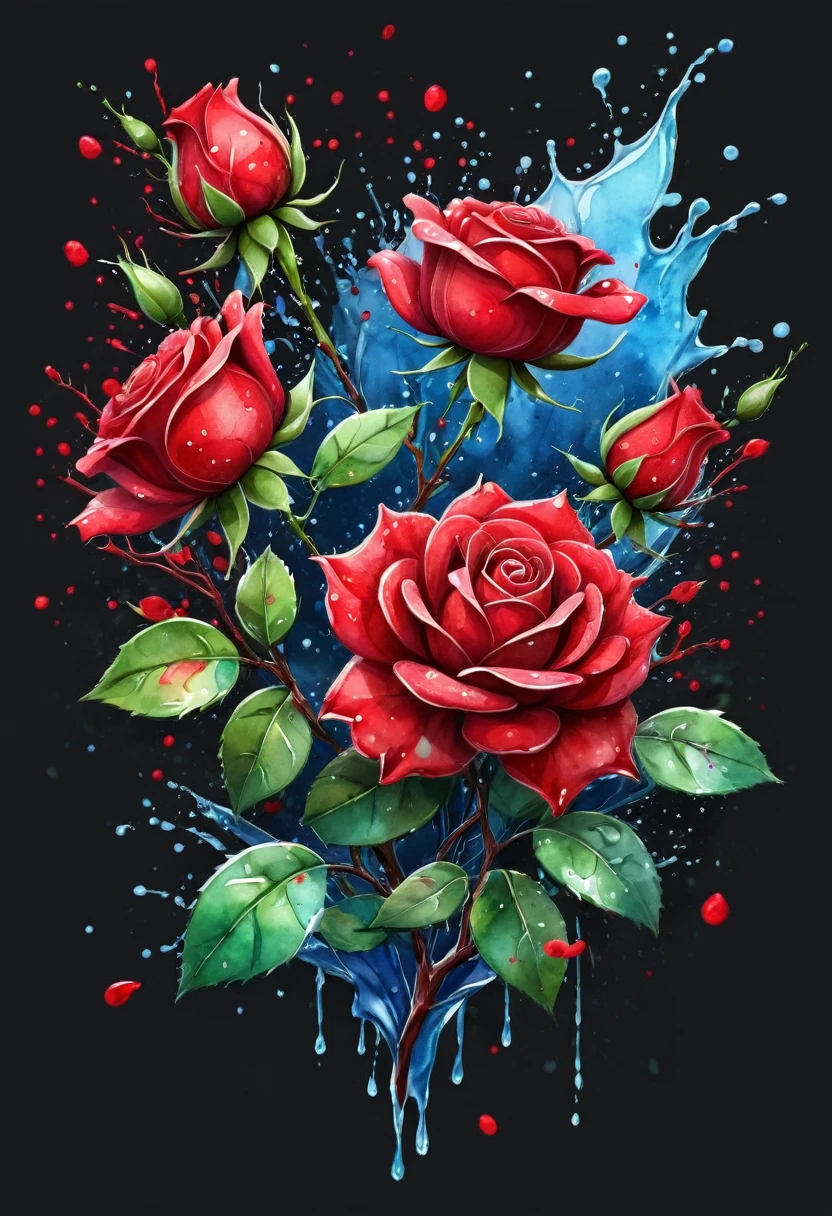 Create a T-shirt designs, 3D water colour splashes branch with big red rose flowers and leaves, illustration, 3d render, vibrant, dark fantasy, mysterious cinematic, t-shirt designs. 