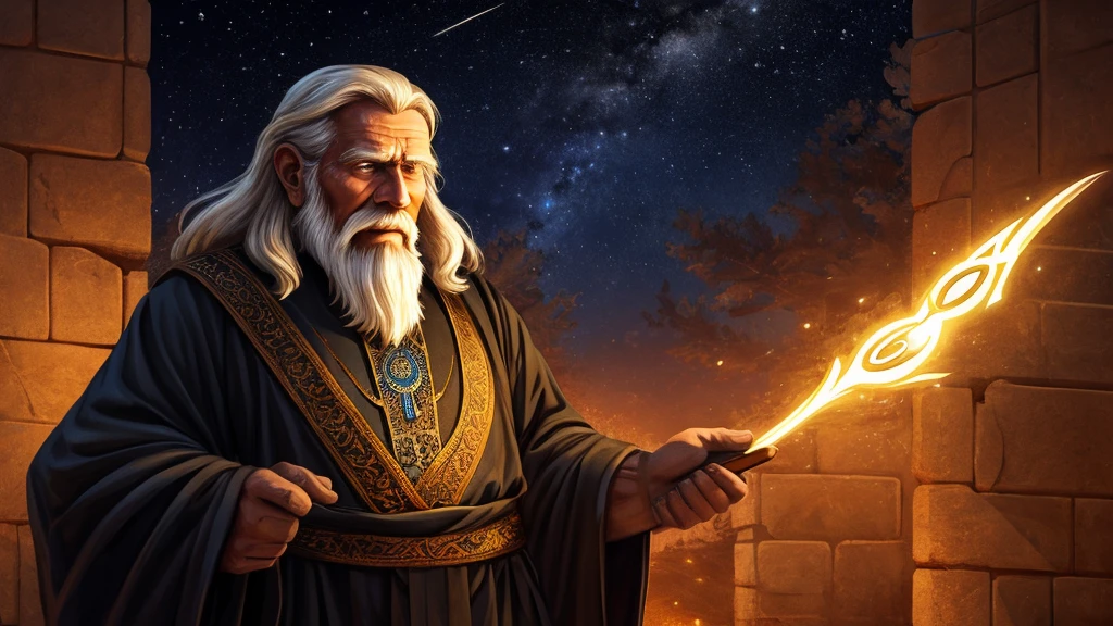 An old man with a long, straight beard, wearing a black tunic, depicted in a woodcut illustration style with realistic colors. The man is shown in a deeply emotional state, struggling with intellectual pride and the temptation to rely solely on his own reason. His expression reflects inner conflict and eventual surrender. The background features Christian symbols: a radiant cross and light, representing the divine source of true wisdom. Elements like an open Bible and a vast, starry sky symbolize the mystery of existence and the fragility of human understanding.