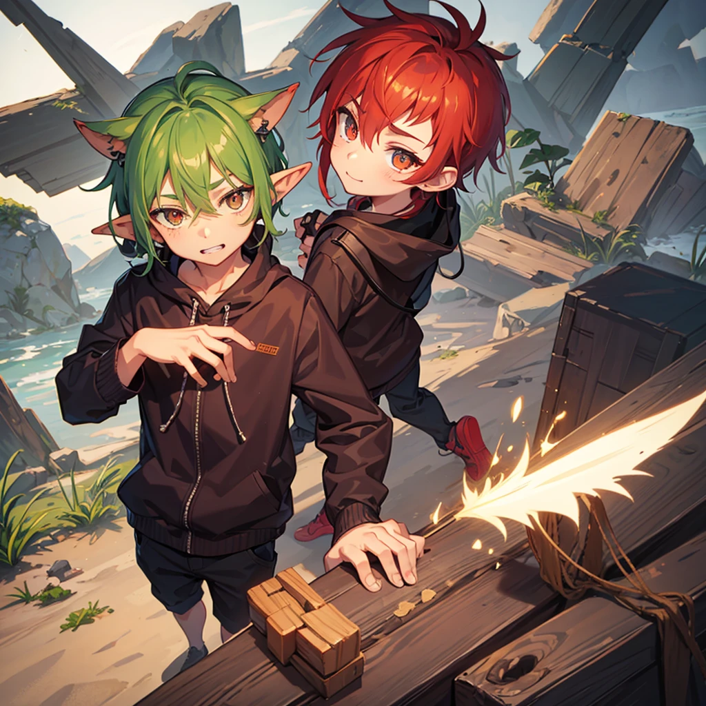 A small and cute male goblin with hazel eyes,
 and spiky crimson hair.