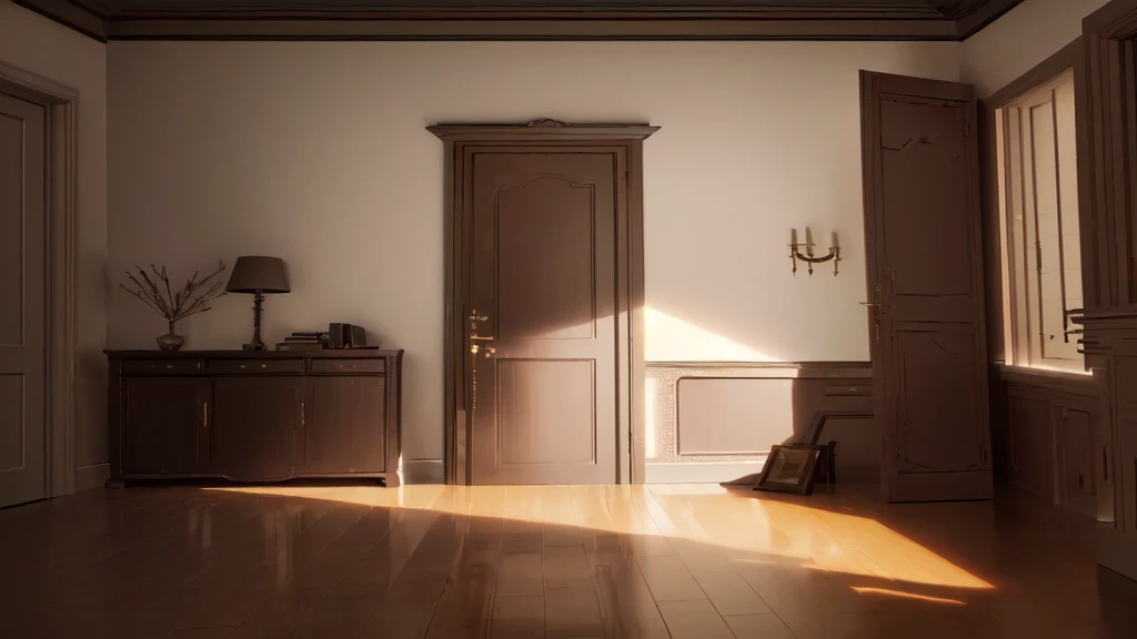 there is a room with a door and a dresser, rendered in unreal engine, rendered in unreal engine 3, rendered in unreal engine 3d, rendered in unreal engine 6, Made in Unreal Engine 4, realistic render of unreal engine, rendering in unreal engine, photorealistic room, realistic evening lighting, photorealistic unreal engine, rendered in unreal, unreal engine rendering