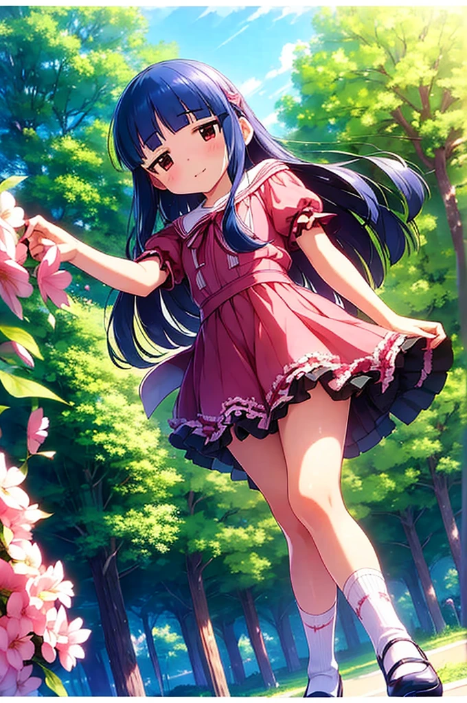 16k, highres, masterpiece, best quality, 
cinematic film still, 
a pinup of short girl, dancing joyfully in a park, sakura in the daytime, dynamic pose, smile, detailed background, looking at viewer, (from below:1.2),
BREAK
yukimi, 10yo.,long hair, blunt bangs, flat chest, (expressionless:1.1), 
pink silk sundress, floating skirt, miniskirt, off shoulder,  striped panties, frills,  detailed embroidery,  thighhighs, shoes, bow,    
 shallow depth of field, vignette, highly detailed, high budget, bokeh, cinemascope, moody, epic, gorgeous,
film grain, grainy,