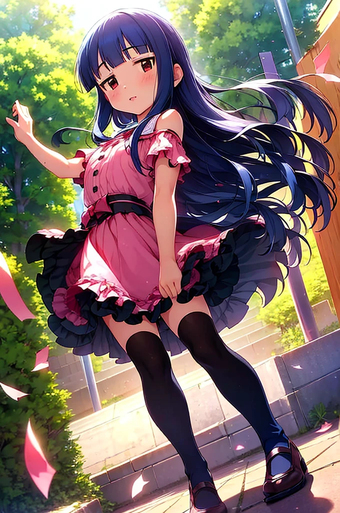 16k, highres, masterpiece, best quality, 
cinematic film still, 
a pinup of short girl, dancing joyfully in a park, sakura in the daytime, dynamic pose, smile, detailed background, looking at viewer, (from below:1.2),
BREAK
yukimi, 10yo.,long hair, blunt bangs, flat chest, (expressionless:1.1), 
pink silk sundress, floating skirt, miniskirt, off shoulder,  striped panties, frills,  detailed embroidery,  thighhighs, shoes, bow,    
 shallow depth of field, vignette, highly detailed, high budget, bokeh, cinemascope, moody, epic, gorgeous,
film grain, grainy,