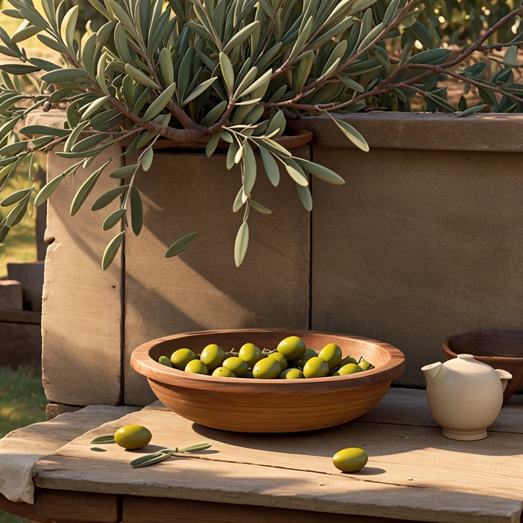 Olive oil dish on table in olive grove