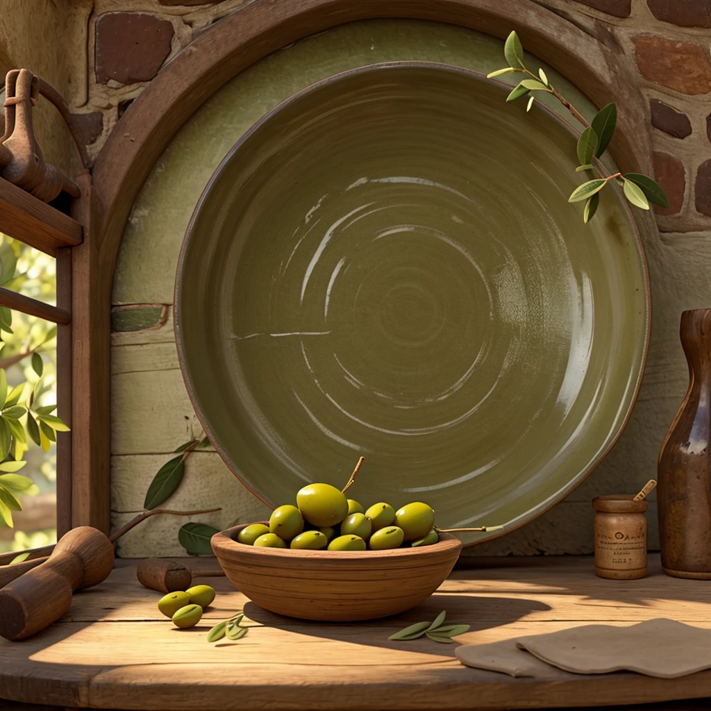Olive oil dish on table in olive grove
