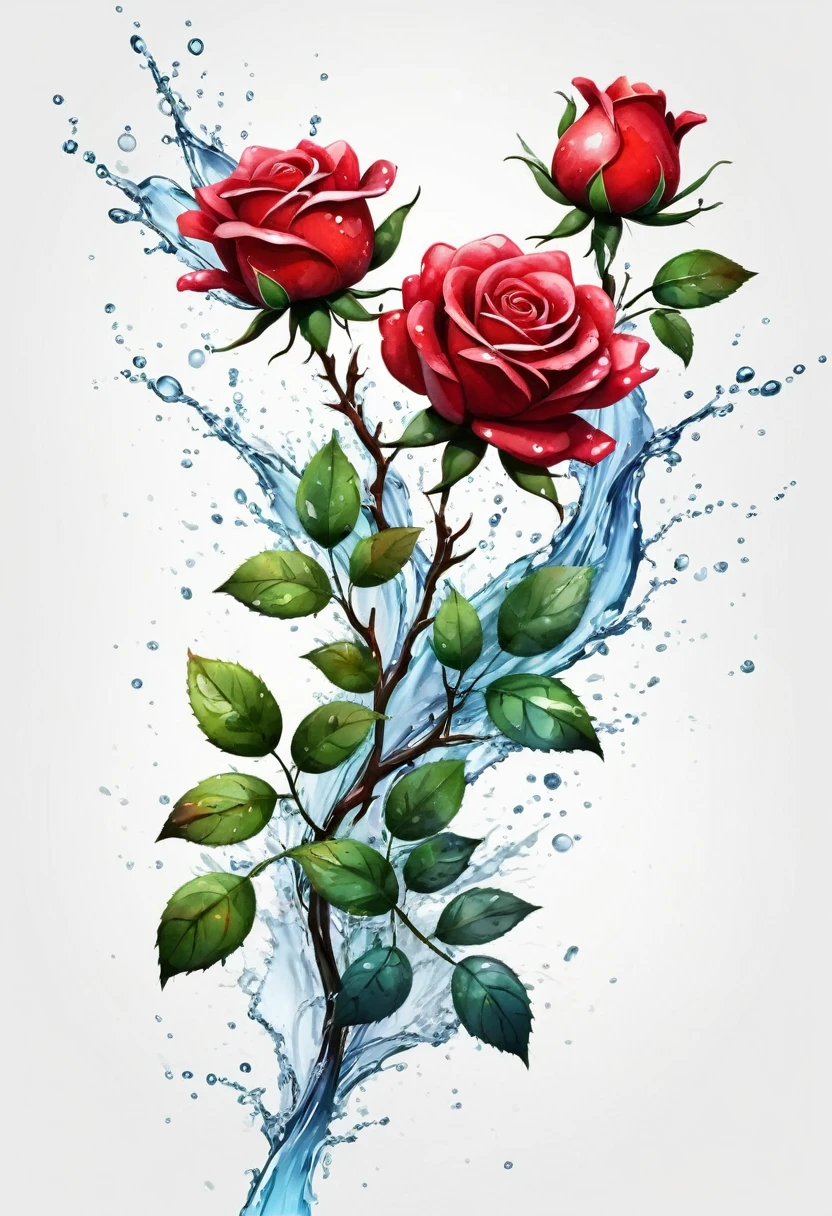 Create a T-shirt designs, 3D water colour splashes branch with big red rose flowers and leaves, illustration, 3d render, vibrant, dark fantasy, mysterious cinematic, white background, t-shirt designs. 