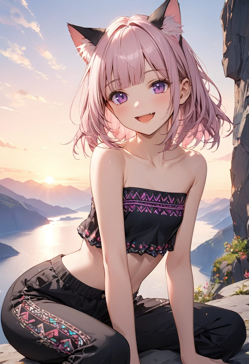 ((Masterpiece)), ((best quality)), (Anime:1.3), (super detail:1.2),(High Definition:1.3), (Professional Photography:1.2), (wide shot), (sharp focus), (perfect light), ((12 years old)), ((1girl)), (morning), messy medium hair, Beautiful collarbone, ((Tribal black tubutop)), strapless, cute navel, cute boxer shorts, (Healthy slim body), (loose blunt bangs), Slender body, glossy skin, (naughty smile), open mouth, ((Beautiful purple eyes)), Textured skin, (Cat ears), (Pale pink hair), Cute Beautiful Girl, (slightly exposed small chest), BREAK, ((best quality)), ((1girl)), Dynamic angles, ((reaching arm)), (sitting in the Mossy abandoned cliff), (sharp focus), (perfect light),