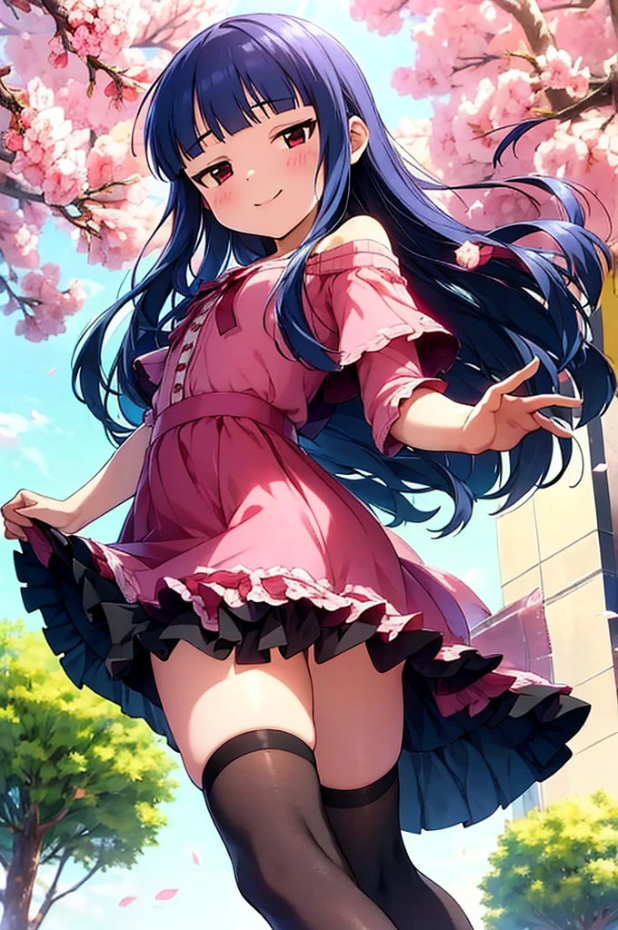 16k, highres, masterpiece, best quality, 
cinematic film still, 
a pinup of short girl, dancing joyfully in a park, sakura in the daytime, dynamic pose, smile, detailed background, looking at viewer, (from below:1.2),
BREAK
yukimi, 10yo.,long hair, blunt bangs, flat chest, (expressionless:1.1), 
pink silk sundress, floating skirt, miniskirt, off shoulder,  striped panties, frills,  detailed embroidery,  thighhighs, shoes, bow,    
 shallow depth of field, vignette, highly detailed, high budget, bokeh, cinemascope, moody, epic, gorgeous,
film grain, grainy,