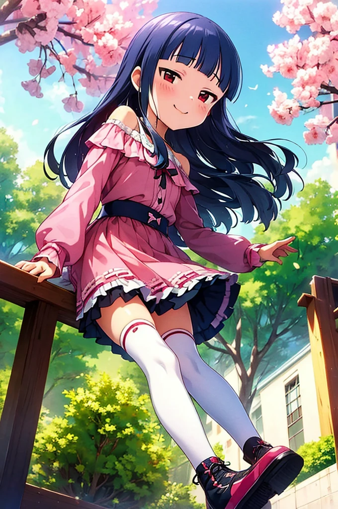 16k, highres, masterpiece, best quality, 
cinematic film still, 
a pinup of short girl, dancing joyfully in a park, sakura in the daytime, dynamic pose, smile, detailed background, looking at viewer, (from below:1.2),
BREAK
yukimi, 10yo.,long hair, blunt bangs, flat chest, (expressionless:1.1), 
pink silk sundress, floating skirt, miniskirt, off shoulder,  striped panties, frills,  detailed embroidery,  thighhighs, shoes, bow,    
 shallow depth of field, vignette, highly detailed, high budget, bokeh, cinemascope, moody, epic, gorgeous,
film grain, grainy,