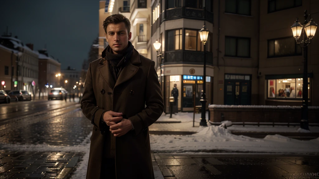 Dmitry Ivanov photographed wearing an overcoat and scarf on a street corner, wearing an overcoat, wearing a light brown overcoat, wearing an overcoat, wearing a long beige overcoat, handsome man, overcoat and suit, overcoat, handsome man, overcoat, he's wearing a black overcoat, winter, snow, moscow, motherboard, realistic, HD, sharp, rich details, ultra detailed, ultra textures, highest resolution, highest contrast, highest quality models, local light, down light, side light, leaky light, back light, edge light, film light, depth of field, bokeh, cinematic, panorama, full size. 8 k, ultra realistic body from the waist up