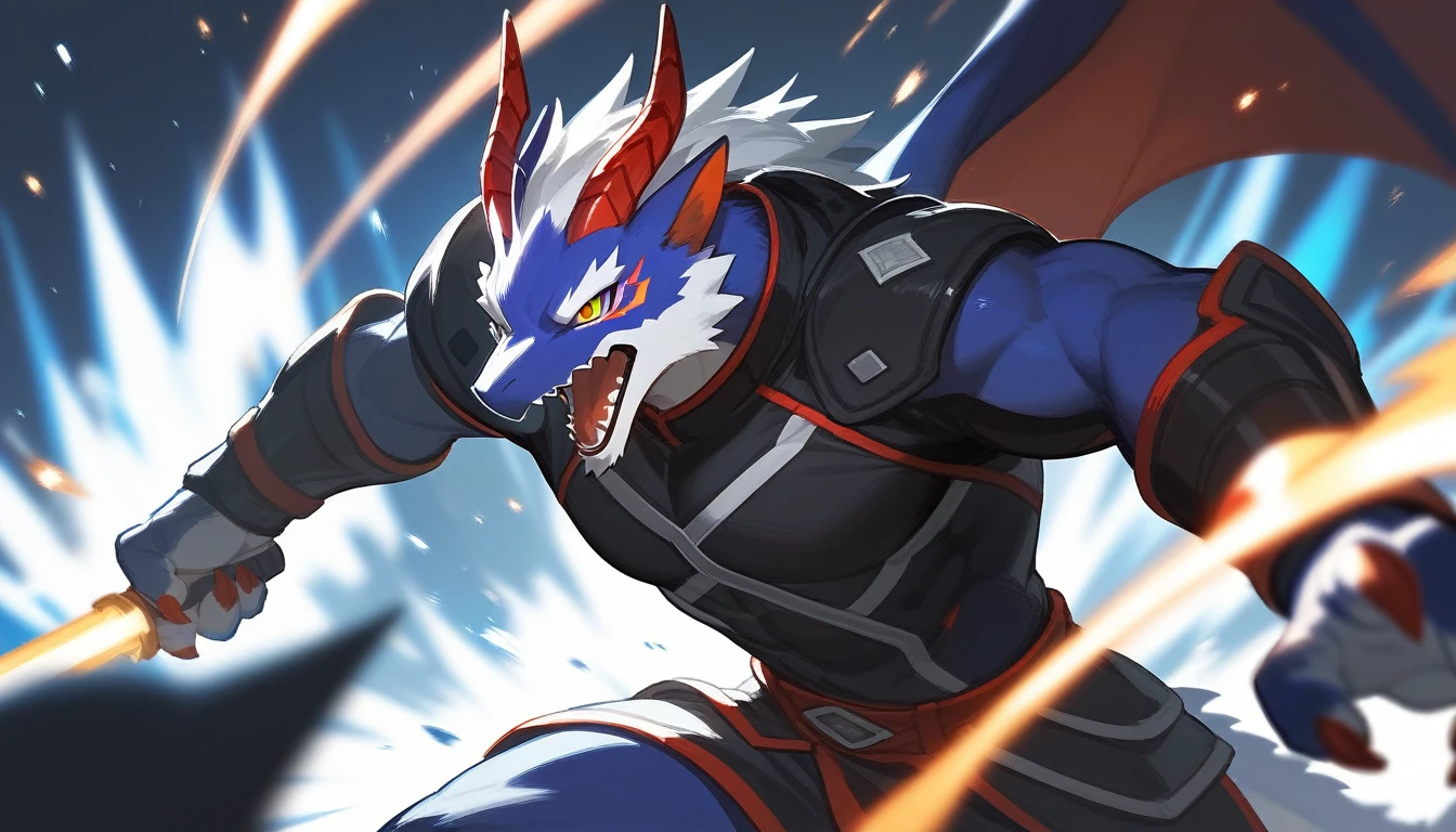 top quality, high-quality illustrations((masterpiece))depth of field, motion blur, absurdres, Perfect Anatomy, magnificent picture of kemono fighting fierce battles, kemono, 1boy, solo focus, Anthro((dramatic))epic, weapon, dynamic pose, One scene of movie,FURRY，dragon
