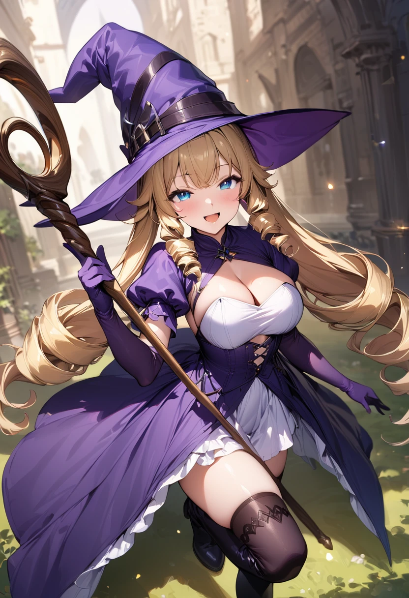 (masterpiece),(best quality),(ultra-detailed),(best illustration),(best shadow),(absurdres),(detailed background),(very aesthetic),1girl, solo, hat, blonde-hair, drill-hair, gloves, breasts, blue-eyes, witch-hat, thigh-boots, thighhighs, boots, elbow-gloves, open-mouth, staff, purple-headwear, smile, dress, full-body, simple-background, cleavage, large-breasts, looking-at-viewer, purple-dress, very-long-hair, purple-gloves, holding, purple-footwear, wand standing-on-one-leg, twin-drills, holding-staff, witch, black-footwear, puffy-sleeves