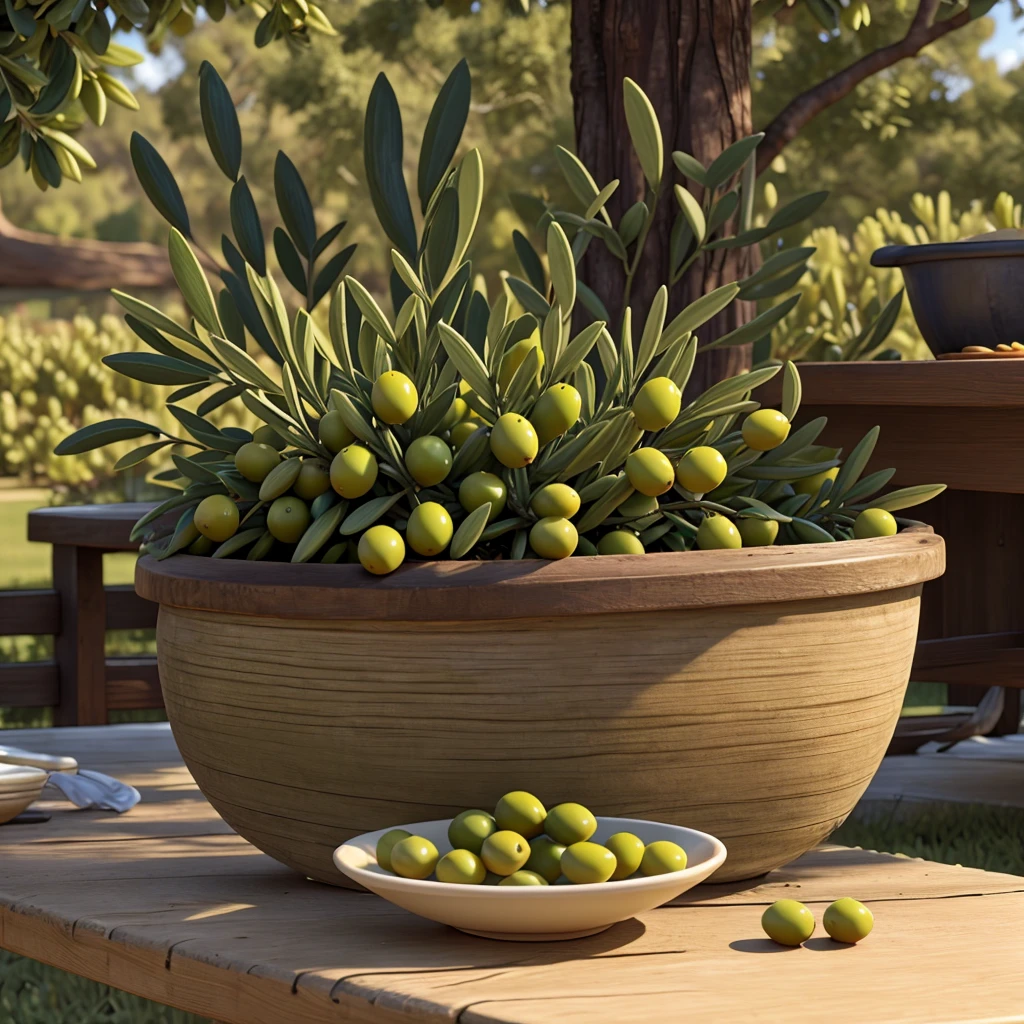 Olive oil dish on table in hyperrealistic olive grove