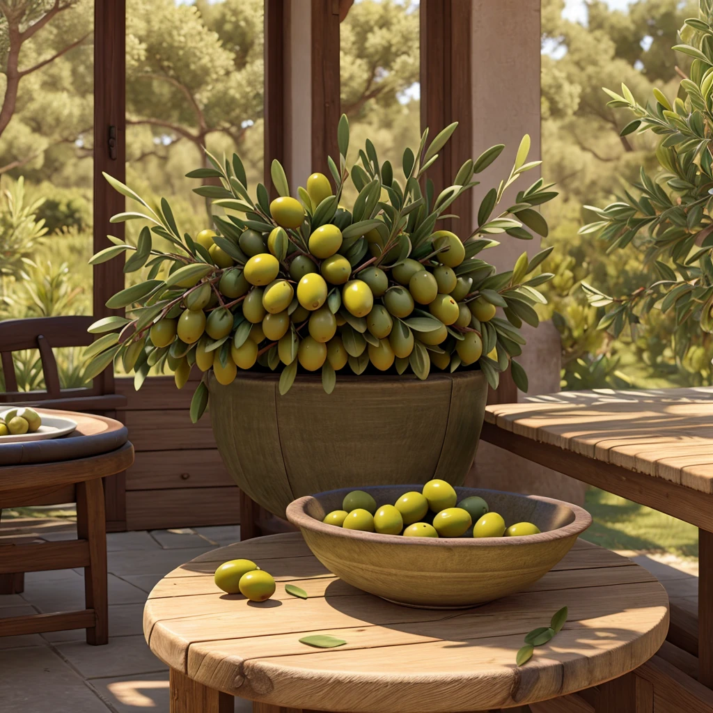 Olive oil dish on table in hyperrealistic olive grove
