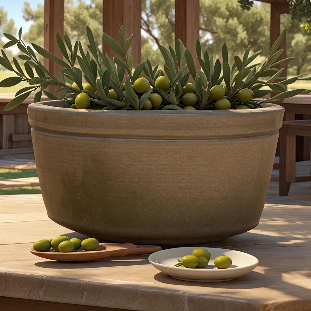 Olive oil dish on table in hyperrealistic olive grove