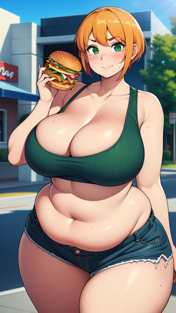 ((highres)), Masterpiece, high quality, best quality, beautiful, perfect lighting, detailed face, ultra cute face, (((1girl))), ((solo)), blush, orange hair, green eyes, freckles, crop top and shorts, fast food restaurant, cleavage, large breasts, ((wide hips)), ((thick thighs)), ((plump)), chubby belly, fat folds, belly hang, standing