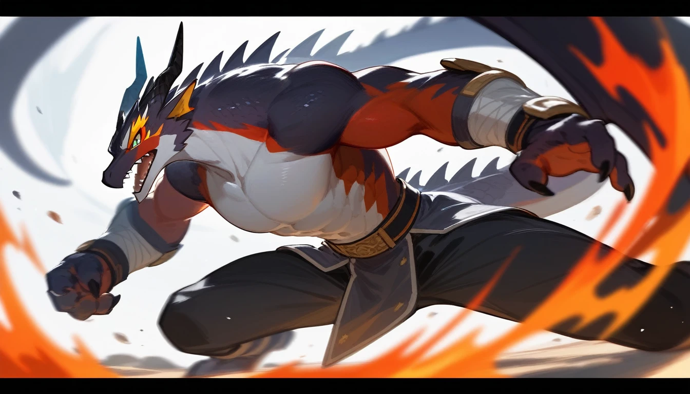 top quality, high-quality illustrations((masterpiece))depth of field, motion blur, absurdres, Perfect Anatomy, magnificent picture of kemono fighting fierce battles, kemono, 1boy, solo focus, Anthro((dramatic))epic, weapon, dynamic pose, One scene of movie,FURRY，dragon
