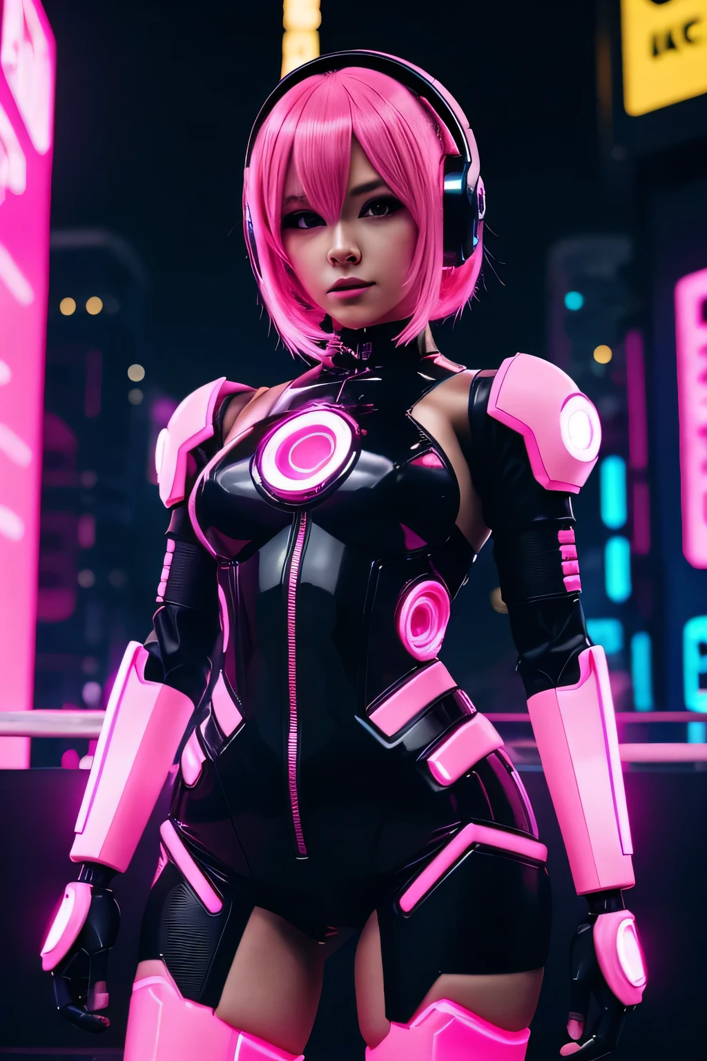 Robot Girl Android with pink hair in a pink suit with small yellow elements half cyborg modification Sad Beautiful sexy with bright yellow eyes stands in full height with a half turn sideways Anime Style black background Cyberpunk style, Sexy thighs, black background image of night black city and pink neon lights