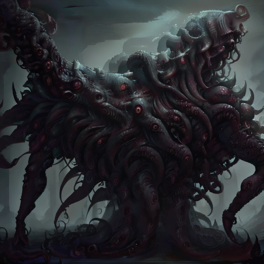 a slime feminine humanoid, full length, red eyes all over the body, long tentacles, sharp teeth, Lovecraft aesthetics