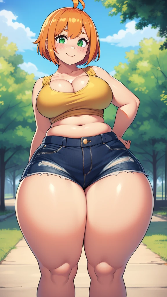 ((highres)), Masterpiece, high quality, best quality, beautiful, perfect lighting, detailed face, ultra cute face, ((1girl)), ((solo), short fluffy orange hair, green eyes, freckles, ((blush)), sweet smile, looking at viewer, arms behind back, standing in a park, (park), daytime, crop top, shorts, (((thick thighs))), ((wide hips)), cleavage, (medium breasts), (chubby), 20 year old female,