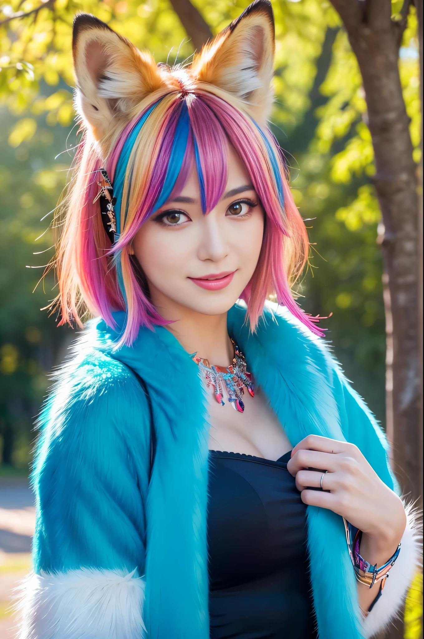 (masterpiece:1.4), (best quality:1.4), ultra high res, ultra high resolution, ((detailed facial features)), HDR, (realistic, photorealistic, photo-realistic:1.37), full body, sexy swedish model, (-anime), only 1 model, vivid colors, very short hair, beautiful smile, lip-gloss, long lashes, defined eyebrows, wearing large sparkling colorful jewelery, long fur fox cosplay, ((long fur vivid colors outfit)), ((fox accessoires)), fox ears, vivid colors, look at the camera, cinematic light, large park background with trees, sweet and sexy pose