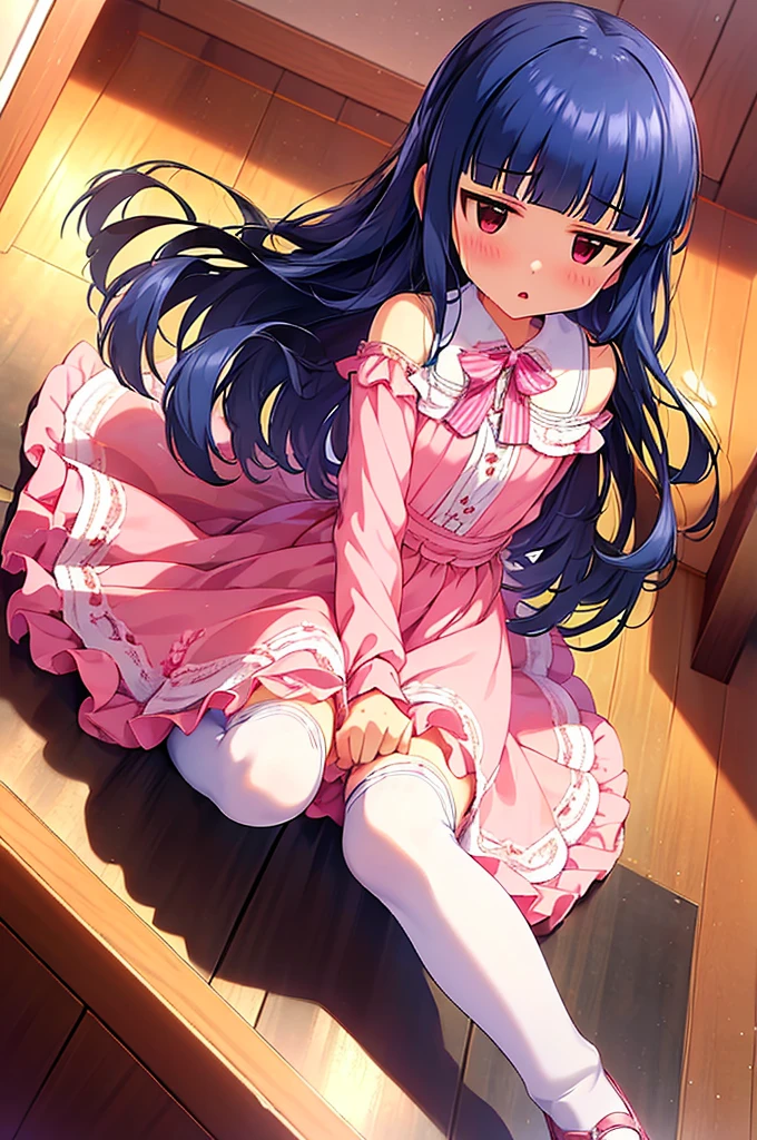 16k, highres, masterpiece, best quality, 
yukimi, 10yo.,long hair, blunt bangs, flat chest, (expressionless:1.1), 
pink silk sundress, floating skirt, miniskirt, off shoulder,  striped panties, frills,  detailed embroidery,  thighhighs, shoes, bow,    sitting,open legs