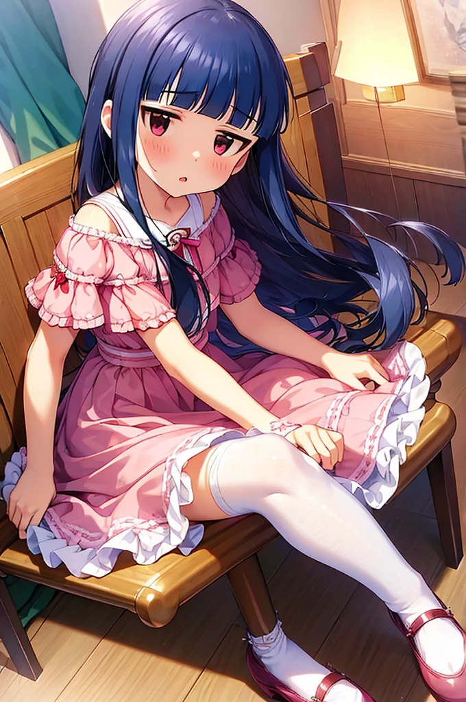 16k, highres, masterpiece, best quality, 
yukimi, .,long hair, blunt bangs, flat chest, (expressionless:1.1), 
pink silk sundress, floating skirt, miniskirt, off shoulder,  striped panties, frills,  detailed embroidery,  thighhighs, shoes, bow,    sitting,open legs