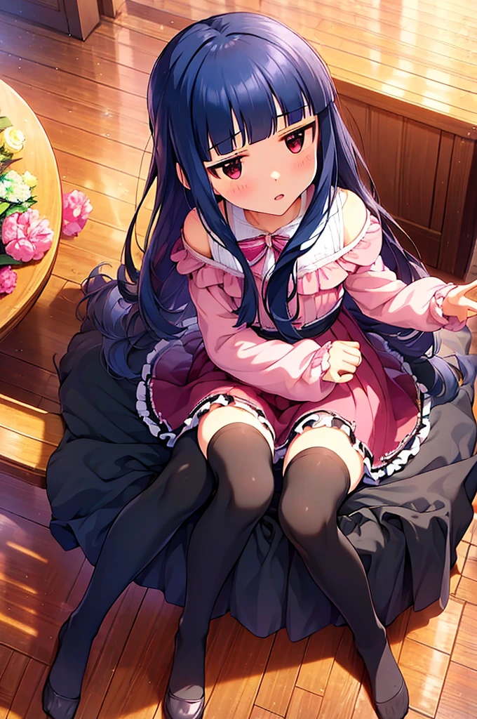 16k, highres, masterpiece, best quality, 
yukimi, 10yo.,long hair, blunt bangs, flat chest, (expressionless:1.1), 
pink silk sundress, floating skirt, miniskirt, off shoulder,  striped panties, frills,  detailed embroidery,  thighhighs, shoes, bow,    sitting,open legs