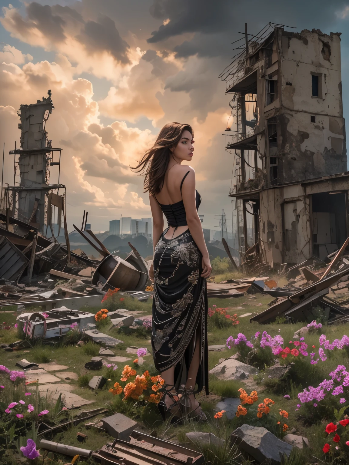 Masterpiece Oil painting, ((resilient)) (from back. Looking at the horizon) 1 gorgeous European woman. Age 23. standing amidst nuclear wasteland ruins, delicate flowers emerging from the desolation, ominous clouds casting shadows, ((haunting beauty)), post-apocalyptic. Dramatic light.