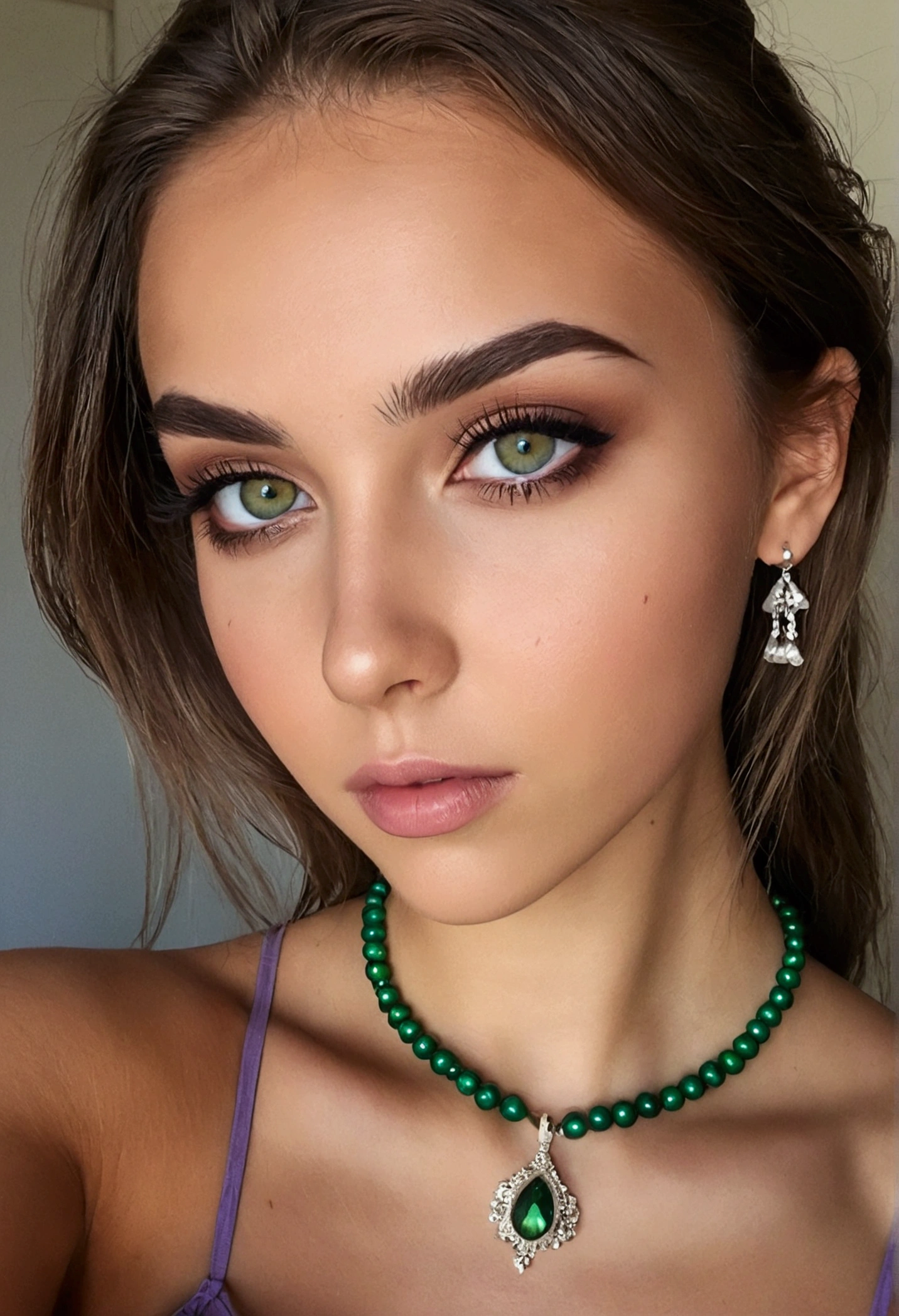 Arafed Femme portant un débardeur blanc et un collier, Fille sexy aux yeux verts, peau bronzée, hispanic, Portrait Sophie Mudd, cheveux bruns et grands yeux, selfie d'une jeune femme, yeux de la chambre, Violette Myers, sans maquillage, Maquillage naturel, regardant directement la caméra, Cara avec Artgram, maquillage subtil, Impresionante foto de corps entier, yeux verts perçants, bel angle, pose attrayante, Mignon , pose sexy, Image du corps entier, corps entier, séance photo sur tout le corps, déesse brune, Détail élevé, Pose satisfaite, pantalon en cuir