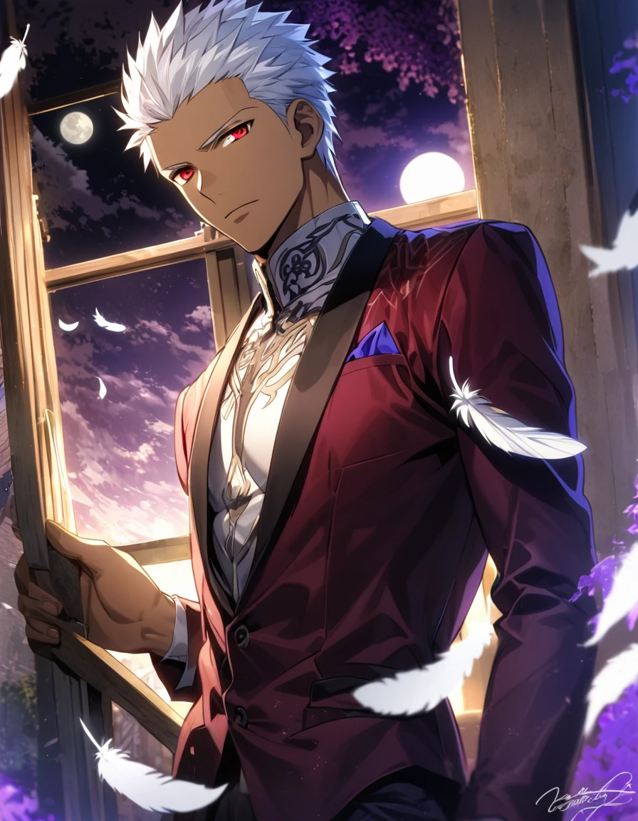 emiya shiro,(archer)_(fate)Ultra detailed,dark skin, highres, absurdres, HDR, , white silver hair, red eyes, , Fate Stay Night, handsome, 1 man only, deep purple curtains, moon, window, white feathers, mansion