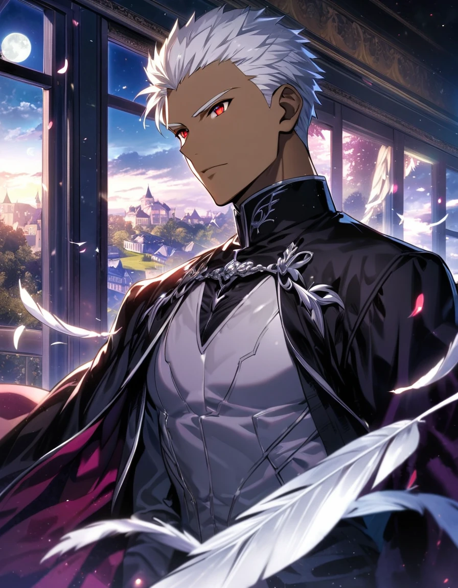emiya shiro,(archer)_(fate)Ultra detailed,dark skin, highres, absurdres, HDR, , white silver hair, red eyes, , Fate Stay Night, handsome, 1 man only, deep purple curtains, moon, window, white feathers, mansion