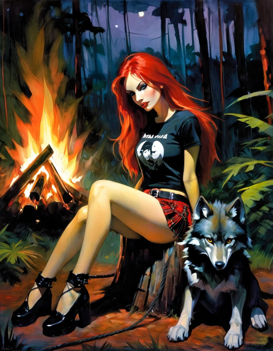 girl and her pet wolf, sexy girl, long red hair, punk look, plaid miniskirt, rope belt, tight t-shirt, sitting next to a bonfire, at night, in a thick jungle, oil painting, chiaroscuro, lighting sensual and dramatic, moody atmosphere, dark and melancholic, expressionistic, powerful composition, emotional impact, art inspired by Bill Sienkiewicz