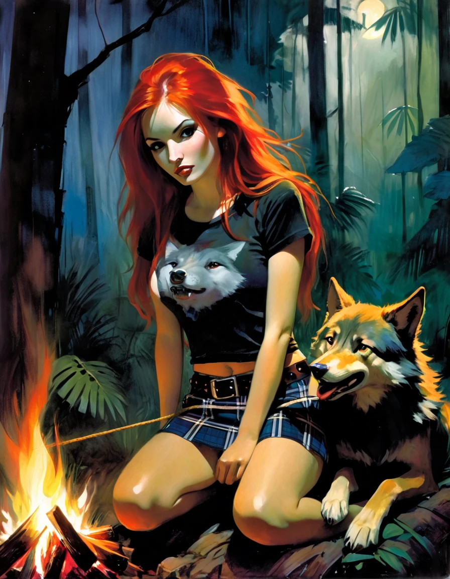 girl and her pet wolf, sexy girl, long red hair, punk look, plaid miniskirt, rope belt, tight t-shirt, sitting next to a bonfire, at night, in a thick jungle, oil painting, chiaroscuro, lighting sensual and dramatic, moody atmosphere, dark and melancholic, expressionistic, powerful composition, emotional impact, art inspired by Bill Sienkiewicz