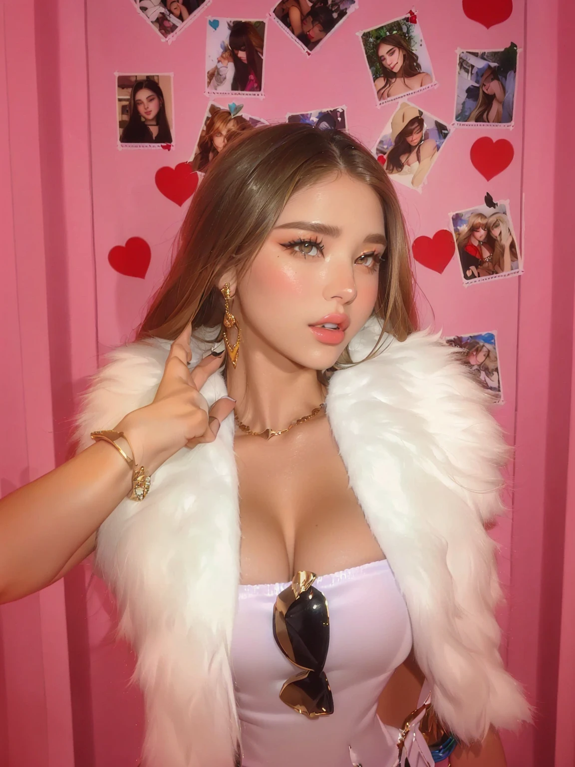 araffe woman in a white fur vest and sunglasses posing for a picture, victoria's secret model, dasha taran, olivia culpo, style of julia razumova, barbara palvin, portrait sophie mudd, soft devil queen madison beer, wax figure, by Robbie Trevino, fur covering her chest, instagram model, by Olivia Peguero