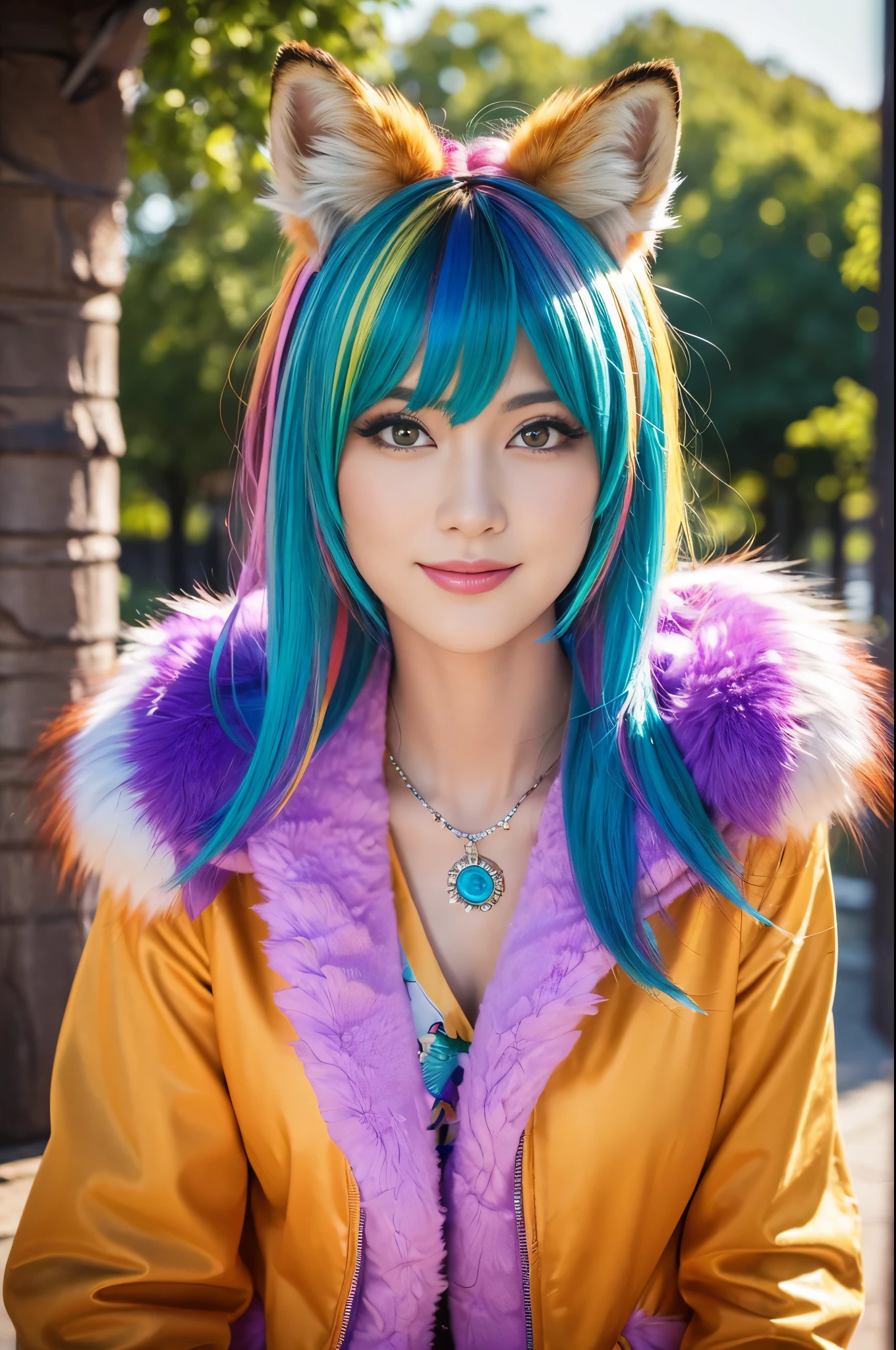 (masterpiece:1.4), (best quality:1.4), ultra high res, ultra high resolution, ((detailed facial features)), HDR, (realistic, photorealistic, photo-realistic:1.37), full body, sexy swedish model, (-anime), only 1 model, vivid colors, very short hair, beautiful smile, lip-gloss, long lashes, defined eyebrows, wearing large sparkling colorful jewelery, long fur fox cosplay, ((long fur vivid colors outfit)), ((fox accessoires)), fox ears, vivid colors, look at the camera, cinematic light, large park background with trees, sweet and sexy pose