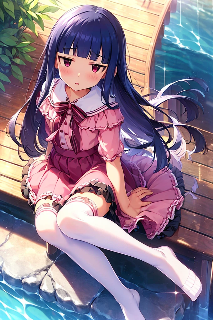 16k, highres, masterpiece, best quality, 
yukimi, 10yo.,long hair, blunt bangs, flat chest, (expressionless:1.1), 
pink silk sundress, floating skirt, miniskirt, off shoulder,  striped panties, frills,  detailed embroidery,  thighhighs, shoes, bow,    sitting,open legs,(panties)