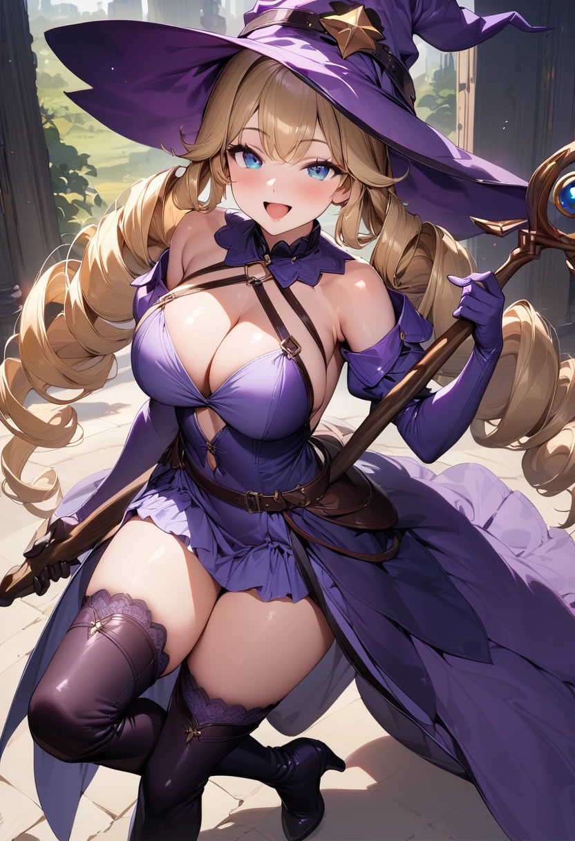 (masterpiece),(best quality),(ultra-detailed),(best illustration),(best shadow),(absurdres),(detailed background),(very aesthetic),1girl, solo, hat, blonde-hair, drill-hair, gloves, breasts, blue-eyes, witch-hat, thigh-boots, thighhighs, boots, elbow-gloves, open-mouth, staff, purple-headwear, smile, dress, full-body, simple-background, cleavage, large-breasts, looking-at-viewer, purple-dress, very-long-hair, purple-gloves, holding, purple-footwear, wand standing-on-one-leg, twin-drills, holding-staff, witch, black-footwear, puffy-sleeves