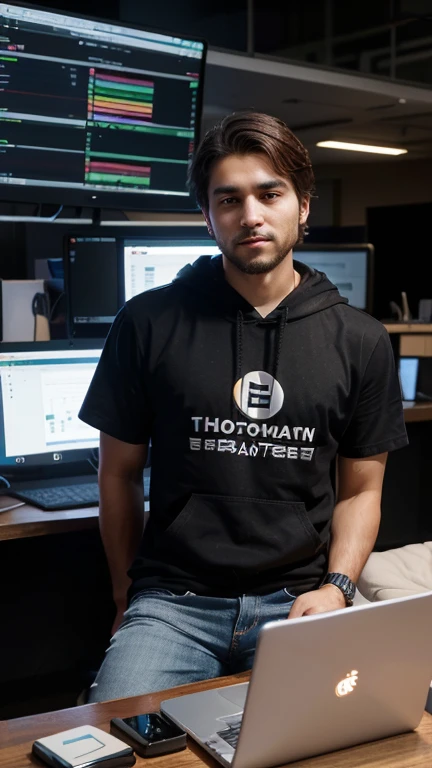"A young, modern Turkish male cryptocurrency trader in his 20s. Short, well-groomed hair, lightly bearded, and a fit physique. Casual daily attire (t-shirt and jeans or hoodie and sneakers). The t-shirt prominently features the text 'TRADER KAYA' in large letters. Eyes filled with determination and intelligence. In a modern home office setup, surrounded by a laptop, monitors displaying cryptocurrency charts, a coffee cup, and a few books. Trades on exchanges like Binance and Coinbase, uses analysis tools like TradingView and CoinMarketCap, and prefers secure wallets like Ledger and Trezor. Favorite cryptocurrencies include Bitcoin, Ethereum, Ripple, and Litecoin. Conducts technical and fundamental analysis, monitors market sentiment. Diversifies his portfolio, uses stop-loss and take-profit orders. Has short-term profit goals and long-term financial independence aspirations."