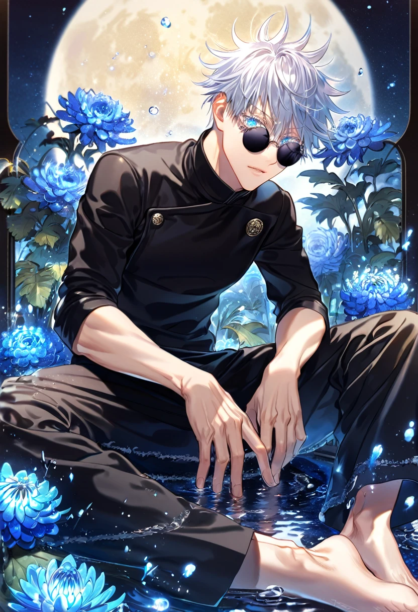 absurdres, highres, ultra detailed, HDR, master piece, best quality, extremely detailed, Gojou Satoru, white hair, black round sunglasses, expressive blue eyes, white eyelashes, Jujutsu Kaisen, solo, sexy man sitting, handsome, jujutsu uniform, black shirt, black pants, fantasy, water, sparkling, blue glittering fireflies, blue moon, blue blossoms, blue chrysanthemums, blue sparkling lights, starry sky, magical
