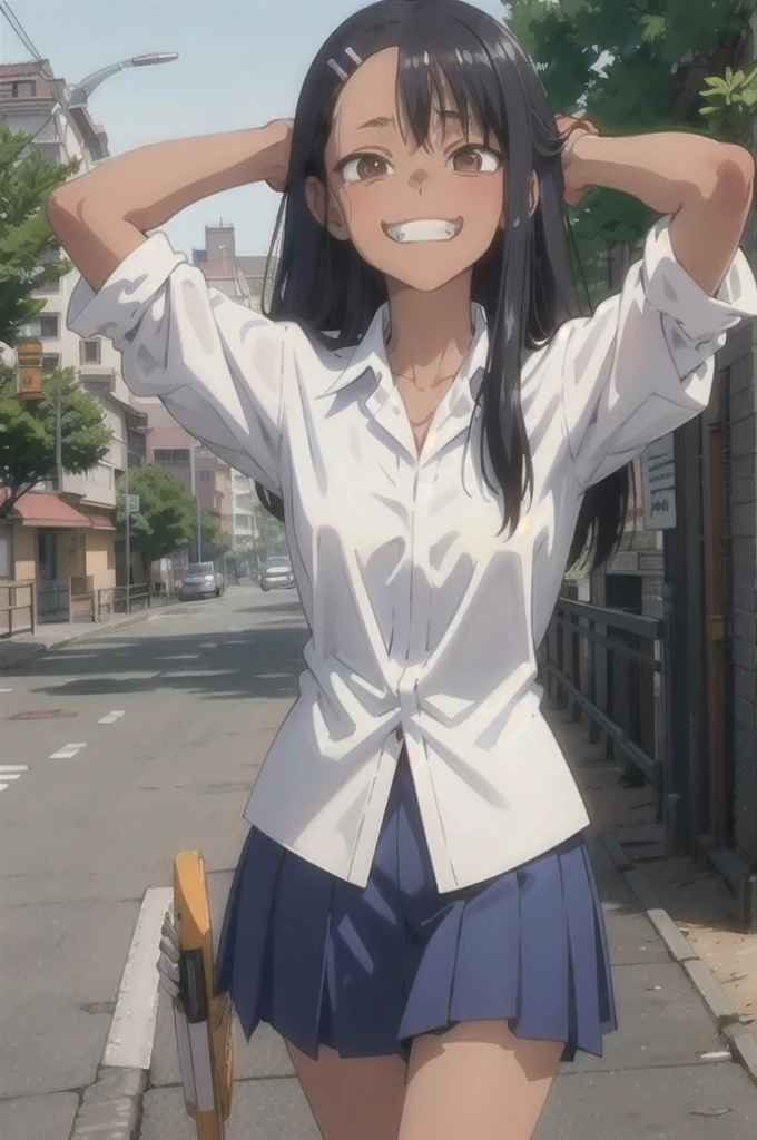 HDR, CG, sharp focus, (8k), (4k), masterpiece, best quality, sharp focus, extremely detailed, intricate, hyper detailed, nagatoro hayase, brown eyes, black hair, bangs, long hair, dark skin, hairclip, white shirt, blue skirt, no socks, uwabaki, standing, arms behind head, cowboy shot, looking at viewer, outdoors, evil grin