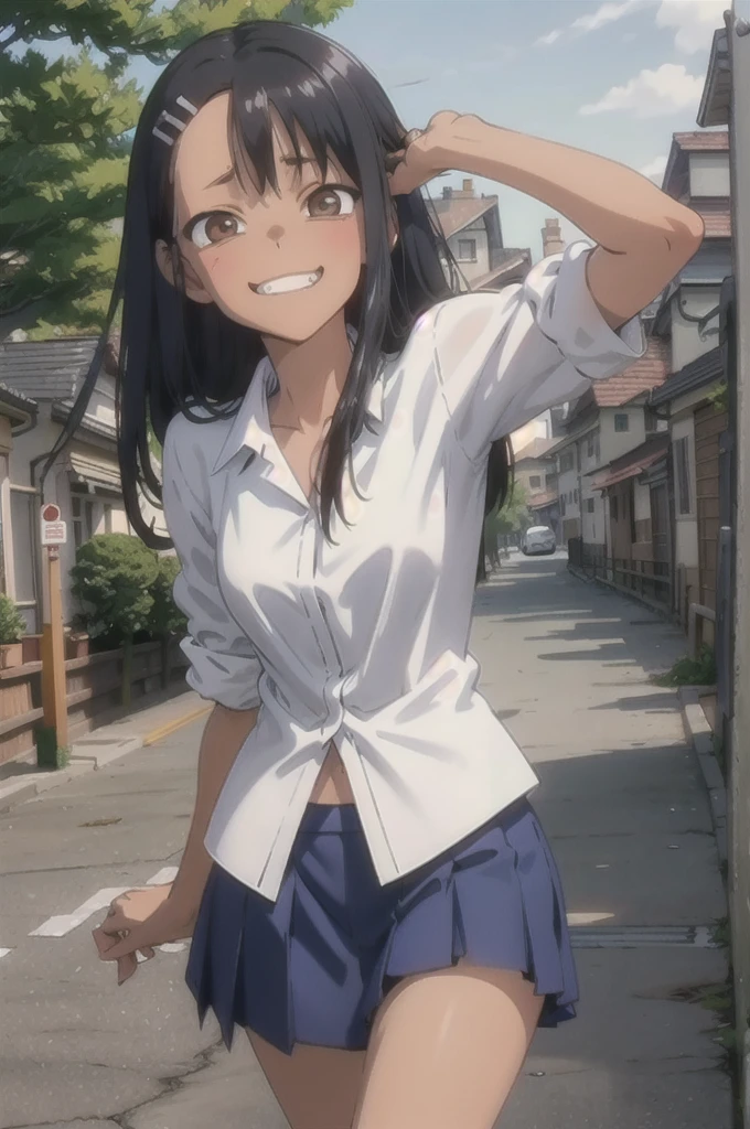 HDR, CG, sharp focus, (8k), (4k), masterpiece, best quality, sharp focus, extremely detailed, intricate, hyper detailed, nagatoro hayase, brown eyes, black hair, bangs, long hair, dark skin, hairclip, white shirt, blue skirt, no socks, uwabaki, standing, arms behind head, cowboy shot, looking at viewer, outdoors, evil grin