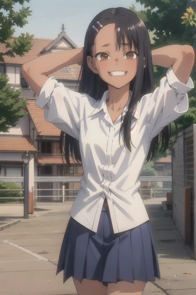 HDR, CG, sharp focus, (8k), (4k), masterpiece, best quality, sharp focus, extremely detailed, intricate, hyper detailed, nagatoro hayase, brown eyes, black hair, bangs, long hair, dark skin, hairclip, white shirt, blue skirt, no socks, uwabaki, standing, arms behind head, cowboy shot, looking at viewer, outdoors, evil grin