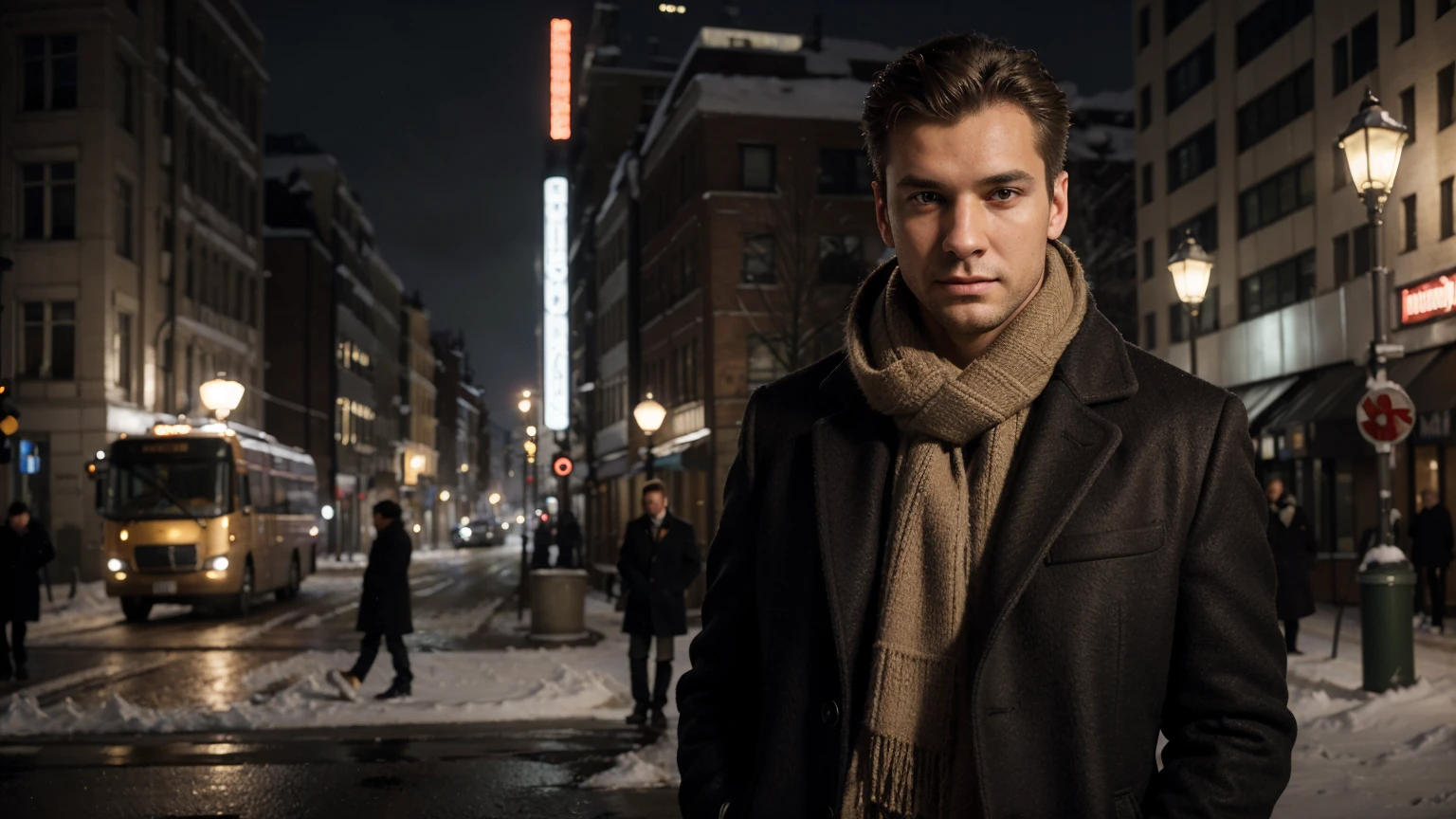 Dmitry Ivanov photographed wearing an overcoat and scarf on a street corner, wearing an overcoat, wearing a light brown overcoat, wearing an overcoat, wearing a long beige overcoat, handsome man, overcoat and suit, overcoat, handsome man, overcoat, he's wearing a black overcoat, winter, snow, moscow, motherboard, realistic, HD, sharp, rich details, ultra detailed, ultra textures, highest resolution, highest contrast, highest quality models, local light, down light, side light, leaky light, back light, edge light, film light, depth of field, bokeh, cinematic, panorama, full size. 8 k, ultra realistic body from the waist up